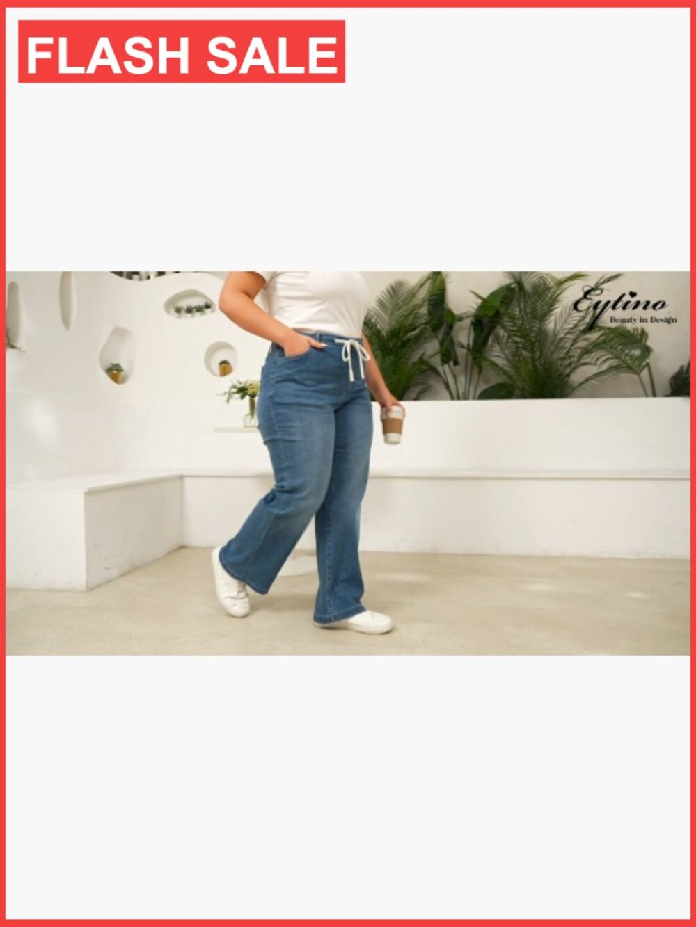 Plus Size Wide Leg Jeans Elastic Waist Drawstring Stretchy Denim Pants with - Picture 7 of 7
